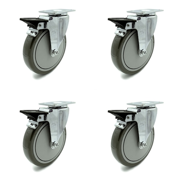 6 Inch Gray Polyurethane Wheel Swivel Top Plate Caster Set with Brake SCC